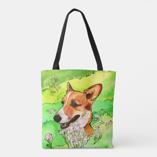 Bolsa Tote Corgi Adorável Numa Aquarela De Campo Flor (Verso)