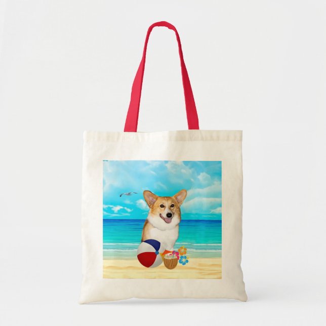 Bolsa Tote Corgi do tempo da praia (Frente)
