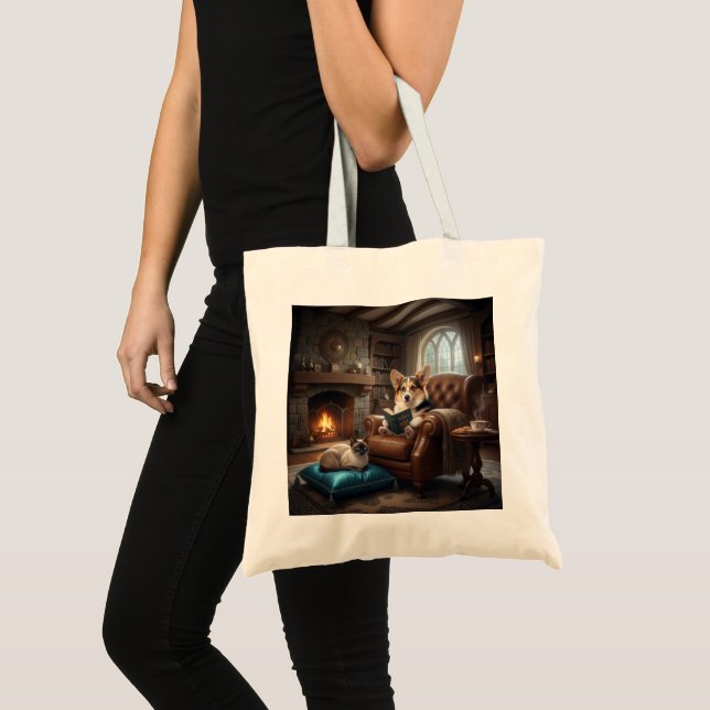 Bolsa Tote Corgi lê para gato (Frente (produto))