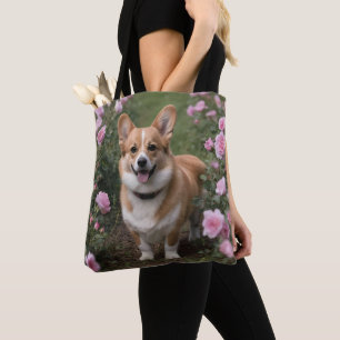 Bolsa Tote Corgi Nas Rosas Rosa,