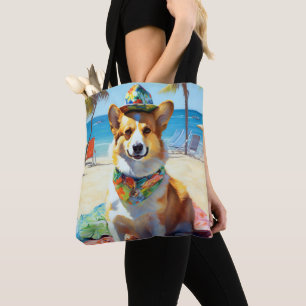 Bolsa Tote Corgi on Beach, presente de verão para amantes de 