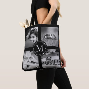 Bolsa Tote Coroa de colagem monogramada com nome e data de Es