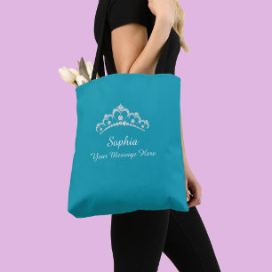 Bolsa Tote Coroa de Diamante, Nome, Sua Mensagem, Azul Turque