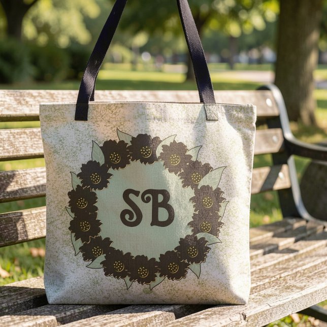 Bolsa Tote Coroa de Flor Marrom Chocolate em Verde Manchado (Chocolate brown flowers & leaves on a speckled background with your initials in the center.)