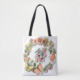 Bolsa Tote Coroa de Flores Silvestres em Aquarela com Borbole