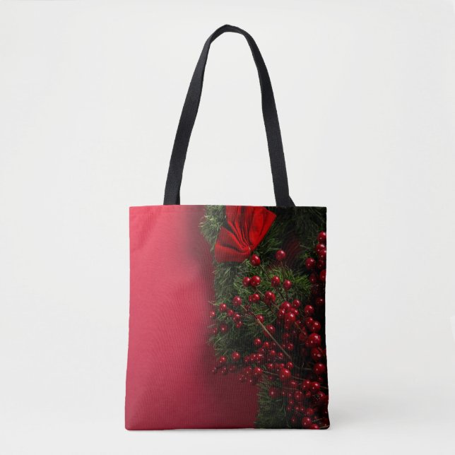 Bolsa Tote coroa de natal com bagas vermelhas (Frente)