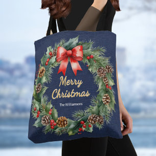 Bolsa Tote Coroa de Natal Festiva Azul Marinho Elegante Perso