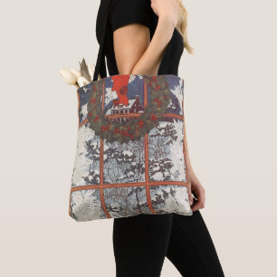 Bolsa Tote Coroa de Natal Vintage em uma Janela com Neve