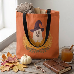 Bolsa Tote Coroa de Outono de Fantasma Fofo e Abóboras Assust
