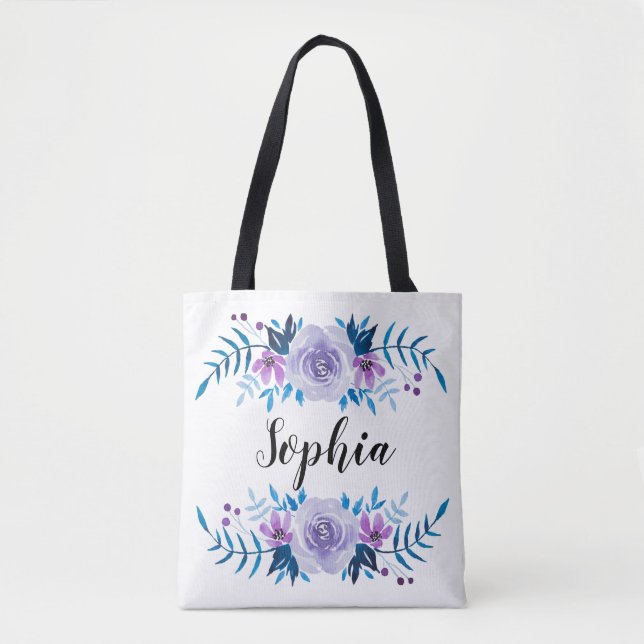 Bolsa Tote Coroa Floral Azul Roxo Aquarela com Texto Personal (Frente)
