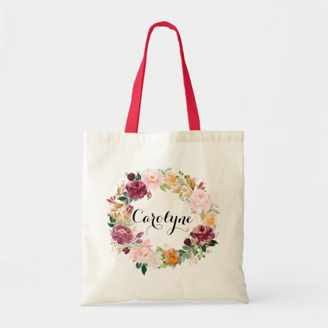 Bolsa Tote Coroa Floral Boho Aquarela para Damas de Honra (Frente)