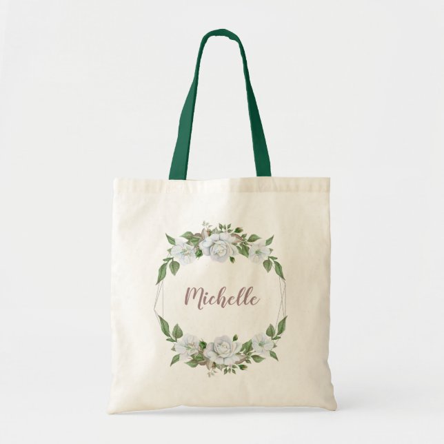 Bolsa Tote Coroa floral branca com nome (Frente)