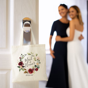 Bolsa Tote Coroa Floral de Aquarela Borgonha Dama de Honra
