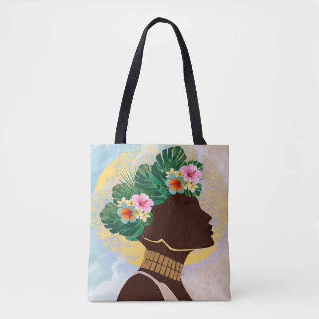 Bolsa Tote Coroa Floral de Mulher Americana Africana (Frente)