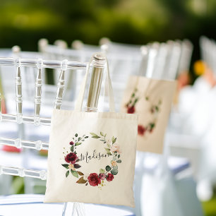 Bolsa Tote Coroa Floral de Rosa Burgundy em Aquarela Nome
