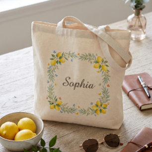 Bolsa Tote Coroa Floral de Verão com Limão em Aquarela