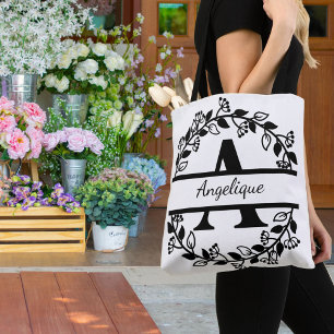 Bolsa Tote Coroa Floral Preta Moderna Monograma Dividido "A"