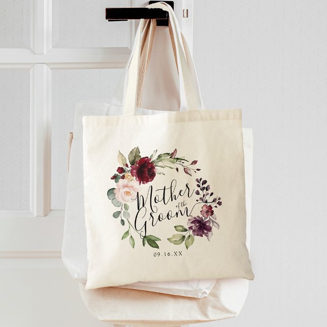 Bolsa Tote Coroa Floral Rosa Bege Mãe do Noivo (Floral Wreath Burgundy Blush Mother of the Groom Tote Bag)