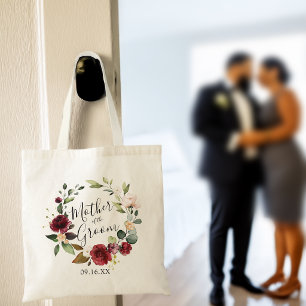 Bolsa Tote Coroa Floral Rosa Borgonha Mãe do Noivo