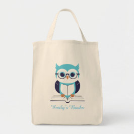 Bolsa Tote Coruja azul-branca com livro personalizado da bibl