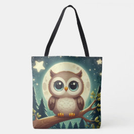 Bolsa Tote Coruja-bebê bonita à noite com lua