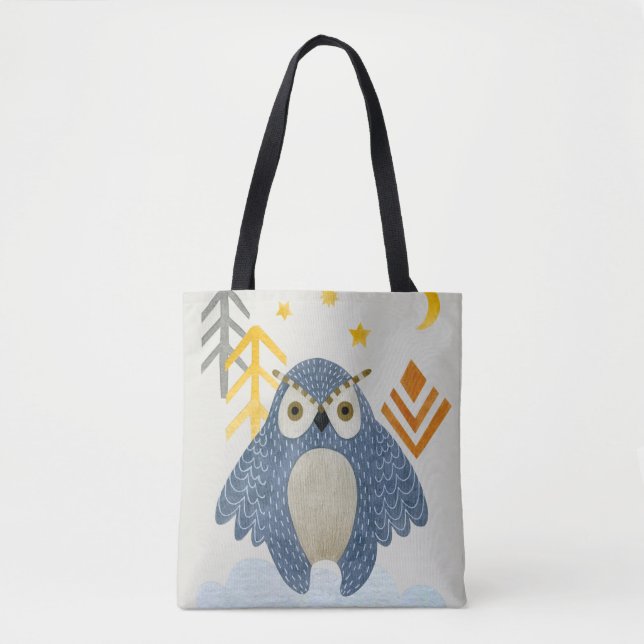 Bolsa Tote Coruja-da-noite azul na floresta (Frente)