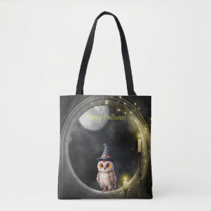 Bolsa Tote Coruja das Halloween na Janela Torre Redonda