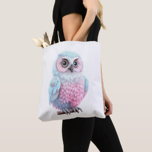 Bolsa Tote Coruja de Cartoon Rosa e Azul-Pastel