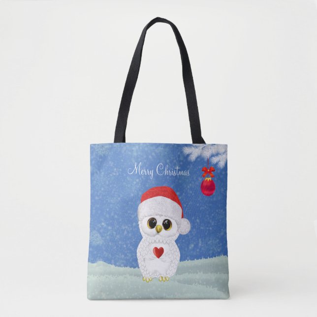 Bolsa Tote Coruja de Natal Branca (Frente)