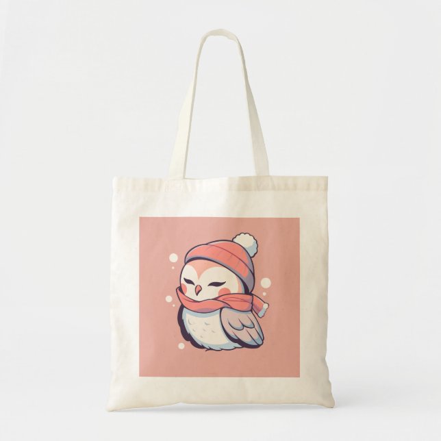 Bolsa Tote Coruja-de-Natal rosa-branca e adorável, Kawaii (Frente)