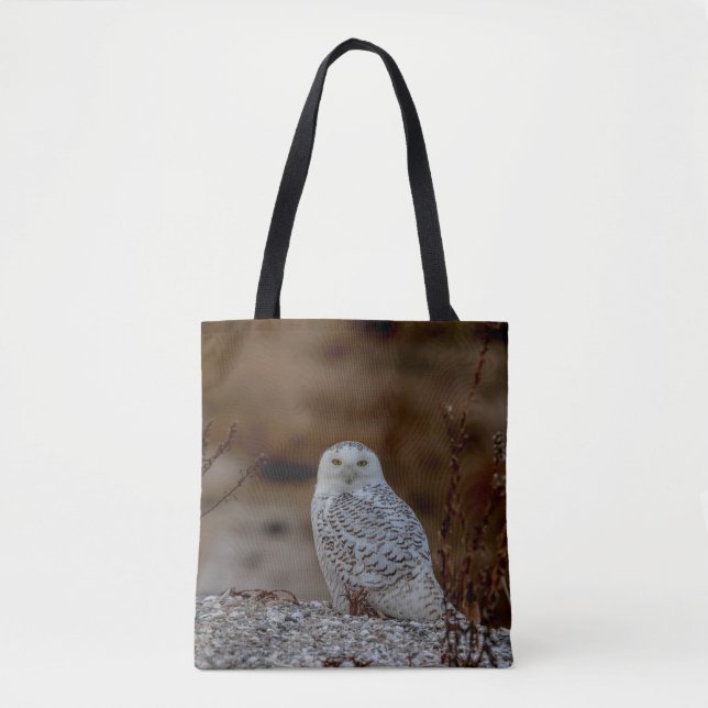 Bolsa Tote Coruja de neve sentada numa rocha (Frente)