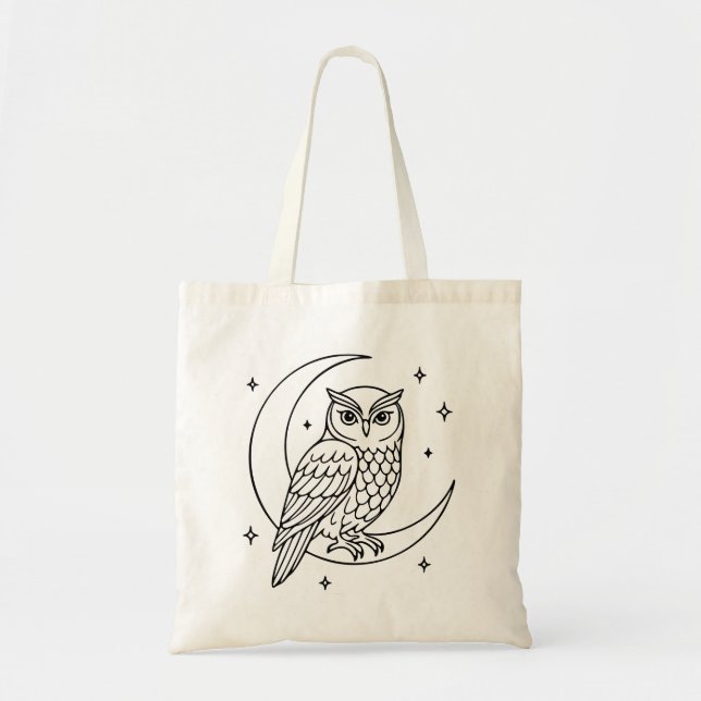 Bolsa Tote Coruja na Lua Crescente com Estrelas em Arte Linea (Frente)