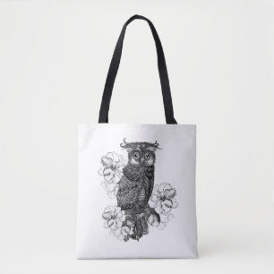 Bolsa Tote Corujas Cinzentas Orquídeas Brancas