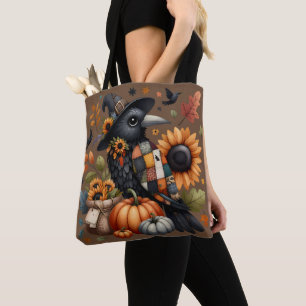 Bolsa Tote Corvo Caprichoso com Abóboras e Girassóis
