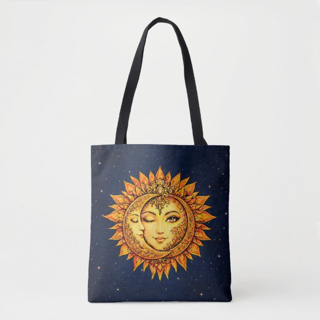 Bolsa Tote Cosmic Sun Moon Boho Goddess Celestial Mandala Art (Frente)
