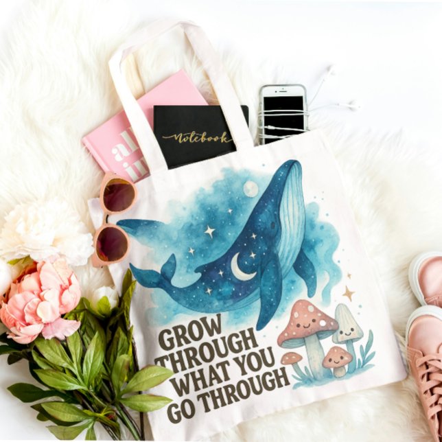 Bolsa Tote Cosmic Whale & Mushrooms Tote (“Grow through what you go through — carry your resilience with style.”)