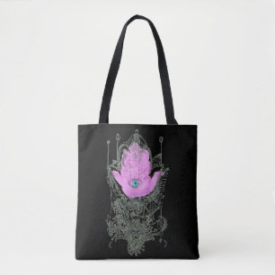 Bolsa Tote Cota Purple Hamsa Talmud em Preto