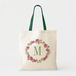Bolsa Tote Cottage Style Floral Pink Roses Wreath Monogram