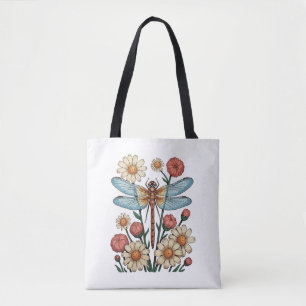 Bolsa Tote Cottagecore Floral Libélula Jardim Flor Natureza