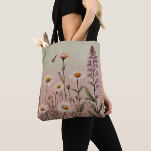 Bolsa Tote Cottagecore Lavender and Daisy Floral Botanical
