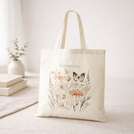 Bolsa Tote Cottagecore Personalizado Borboleta de Flores Silv