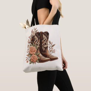 Bolsa Tote Country Western Flowers com Boots de Cowboy