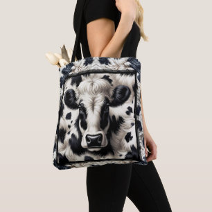 Bolsa Tote Couro de Vaca Preto e Branco Aparência Peluda