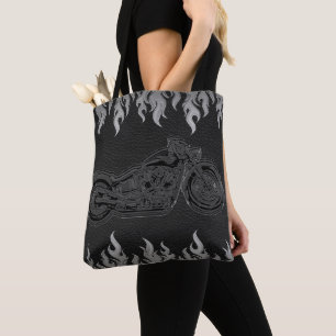 Bolsa Tote Couro Preto Chamas Prateadas Fogo Quente Motocicle
