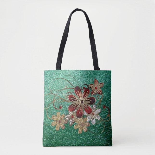 Bolsa Tote Couro Verde E Flores (Frente)