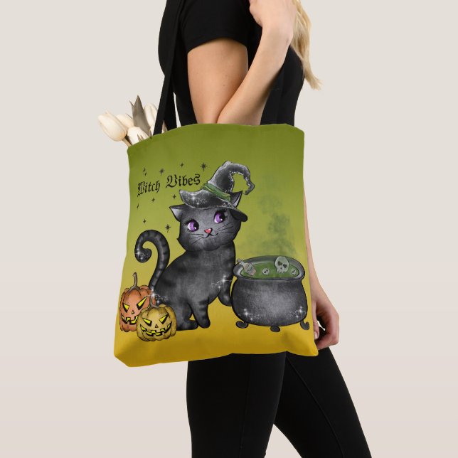 BOLSA TOTE COZINHA NEGRA CUTA DE HALLOWEEN COM CAULDRON (Close Up)