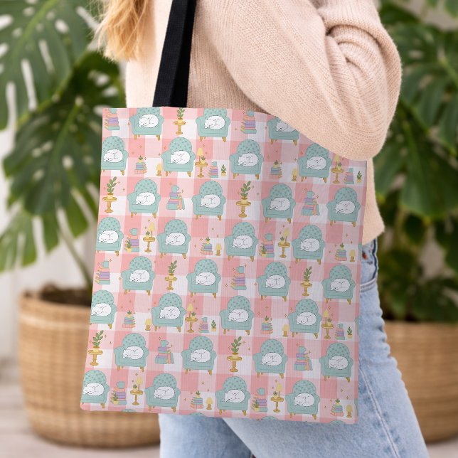Bolsa Tote Cozy Cat & Book Girl Pastel Mint Green Pink (Criador carregado)
