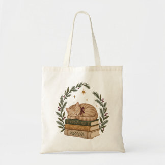 Bolsa Tote Cozy Christmas Cat Sleeping on Vintage Books