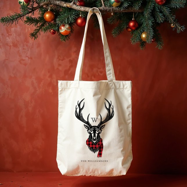 Bolsa Tote Cozy e Quente | Monograma de Xadrezes de Buffalo V (Cozy & Warm | Red Buffalo Plaid Reindeer Monogram Tote Bag)