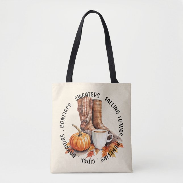 Bolsa Tote Cozy Fall Vibes - Boots, Pumpkin Spice, Bonfire (Frente)